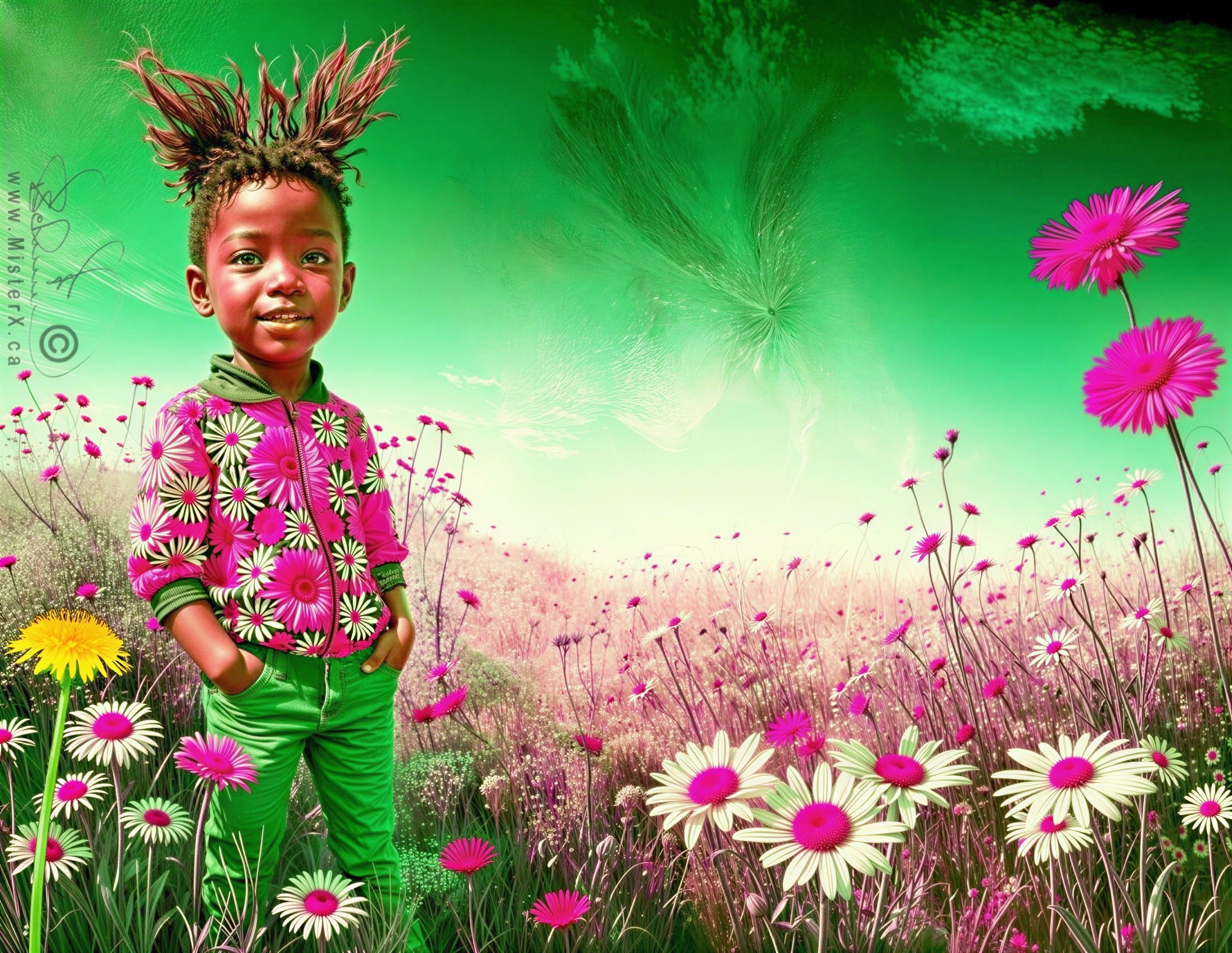 Joyful Child in Colorful Flower Field Scene