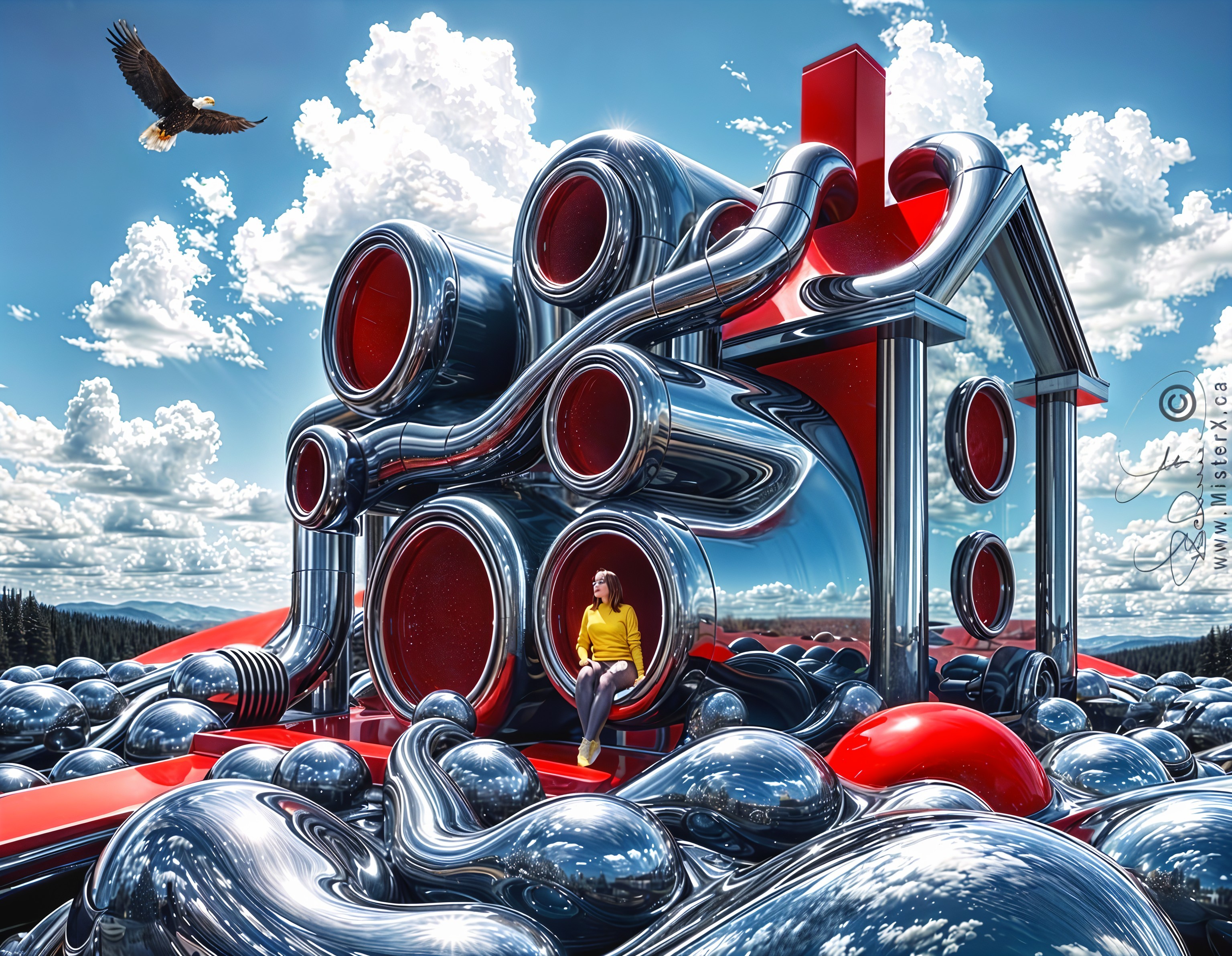 Surreal Landscape with Abstract House and Eagle