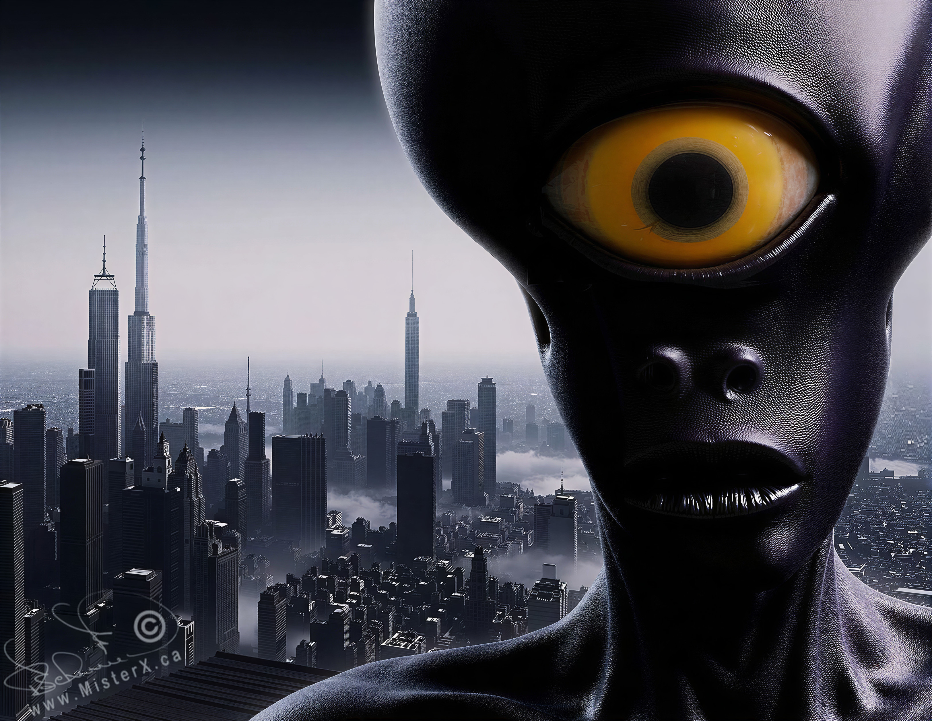 Futuristic Alien Overlooking Misty Cityscape