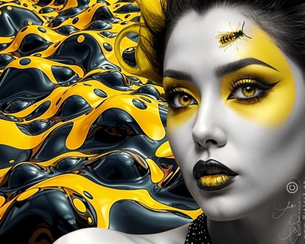 Portrait of a woman with bold yellow and black makeup