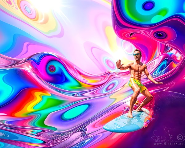 Surreal Scene of Surfer Riding a Colorful Wave