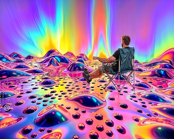 Surreal Landscape with Colorful Bubbles and Tranquility