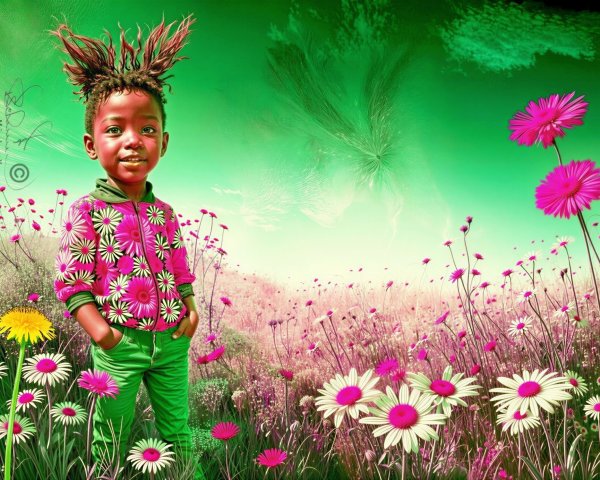 Joyful Child in Colorful Flower Field Scene