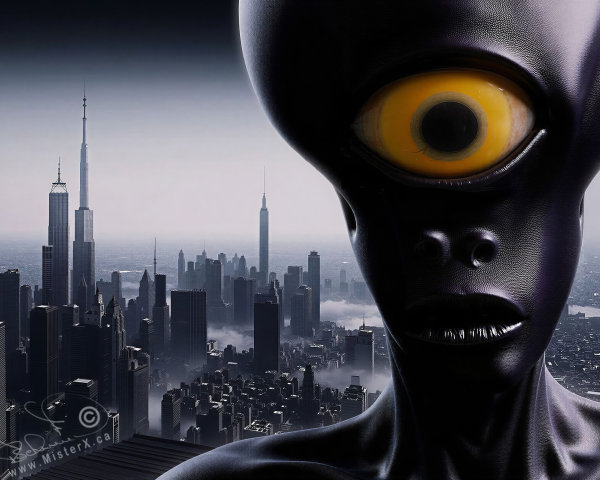 Futuristic Alien Overlooking Misty Cityscape