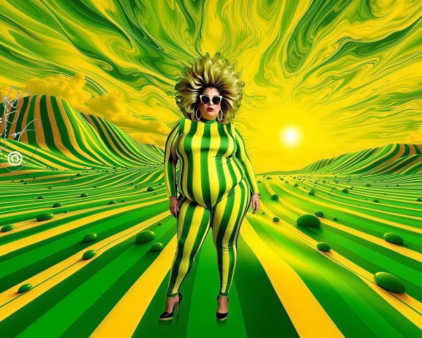 Woman in Skintight Striped Jumpsuit and Afro Hairstyle