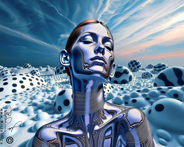 Surreal Landscape with Futuristic Metallic Figure