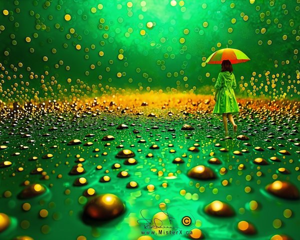 Child in green raincoat in golden landscape with bubbles