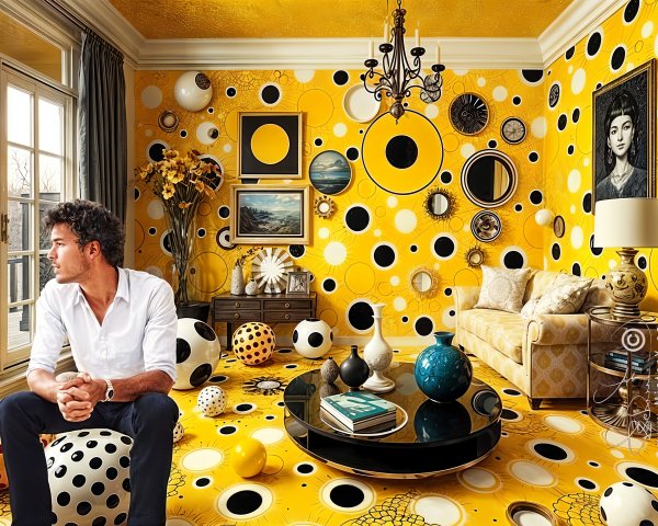 Vibrant Yellow Room with Polka Dots and Eclectic Decor