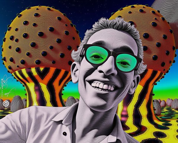 Surreal landscape with vibrant mushrooms and galaxy backdrop