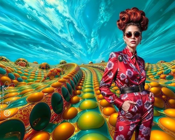 Stylish Woman in Red Floral Pantsuit Against Abstract Background