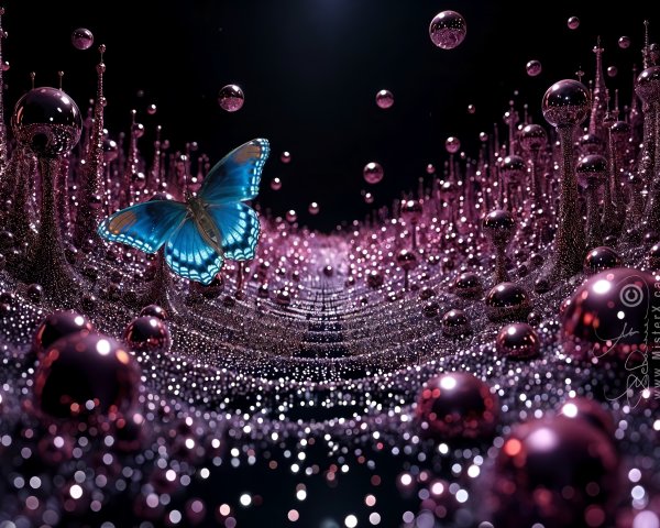 Surreal landscape with bubbles and vibrant butterfly