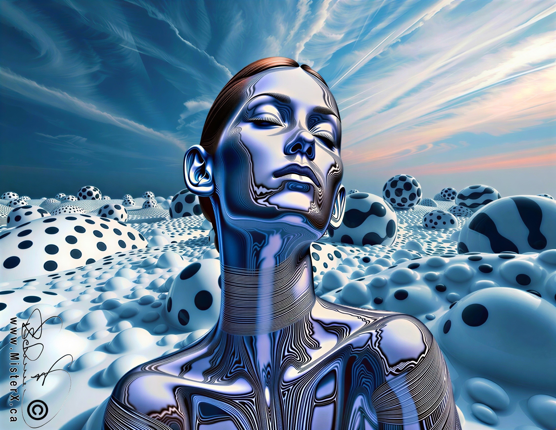Surreal Landscape with Futuristic Metallic Figure
