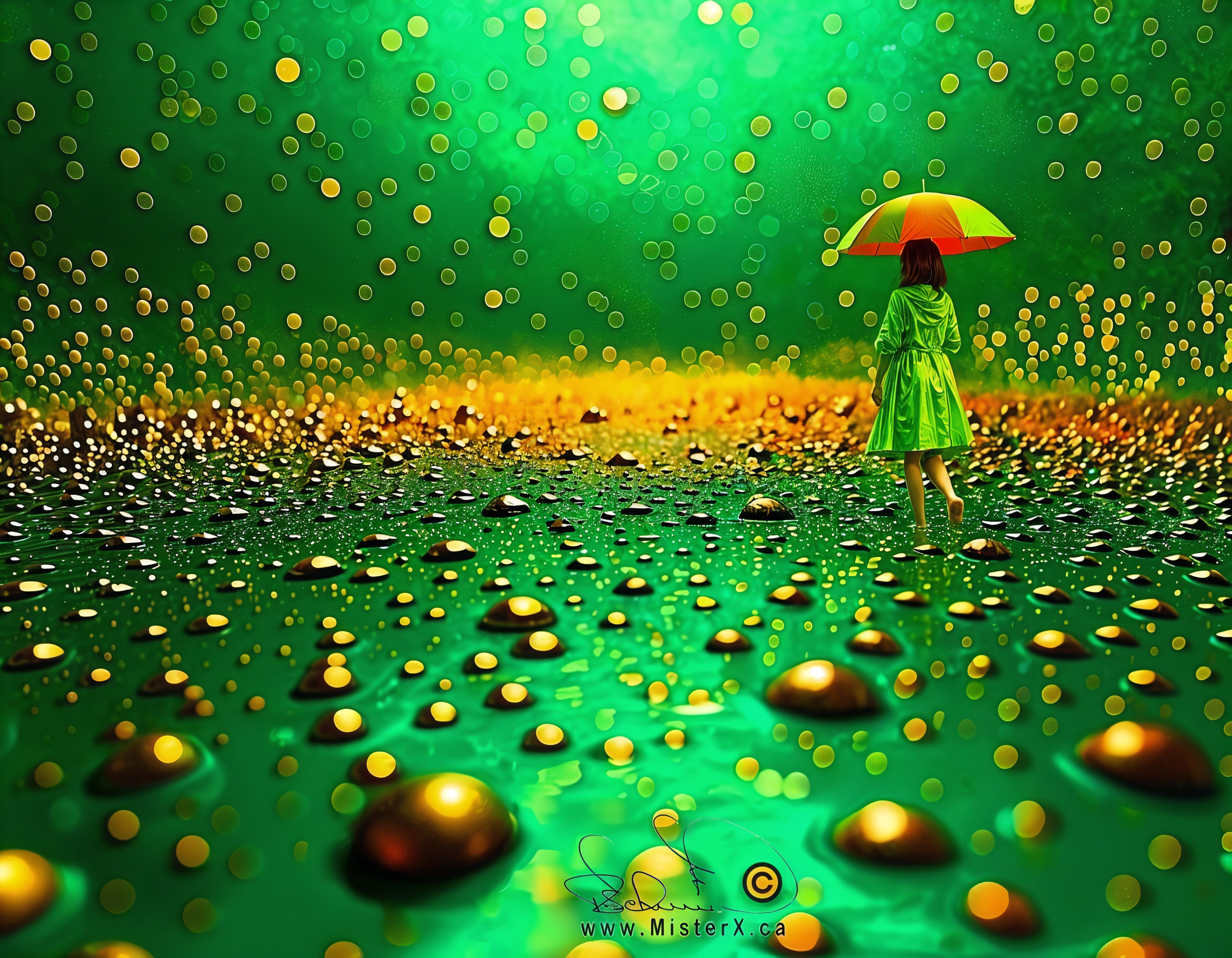Child in green raincoat in golden landscape with bubbles