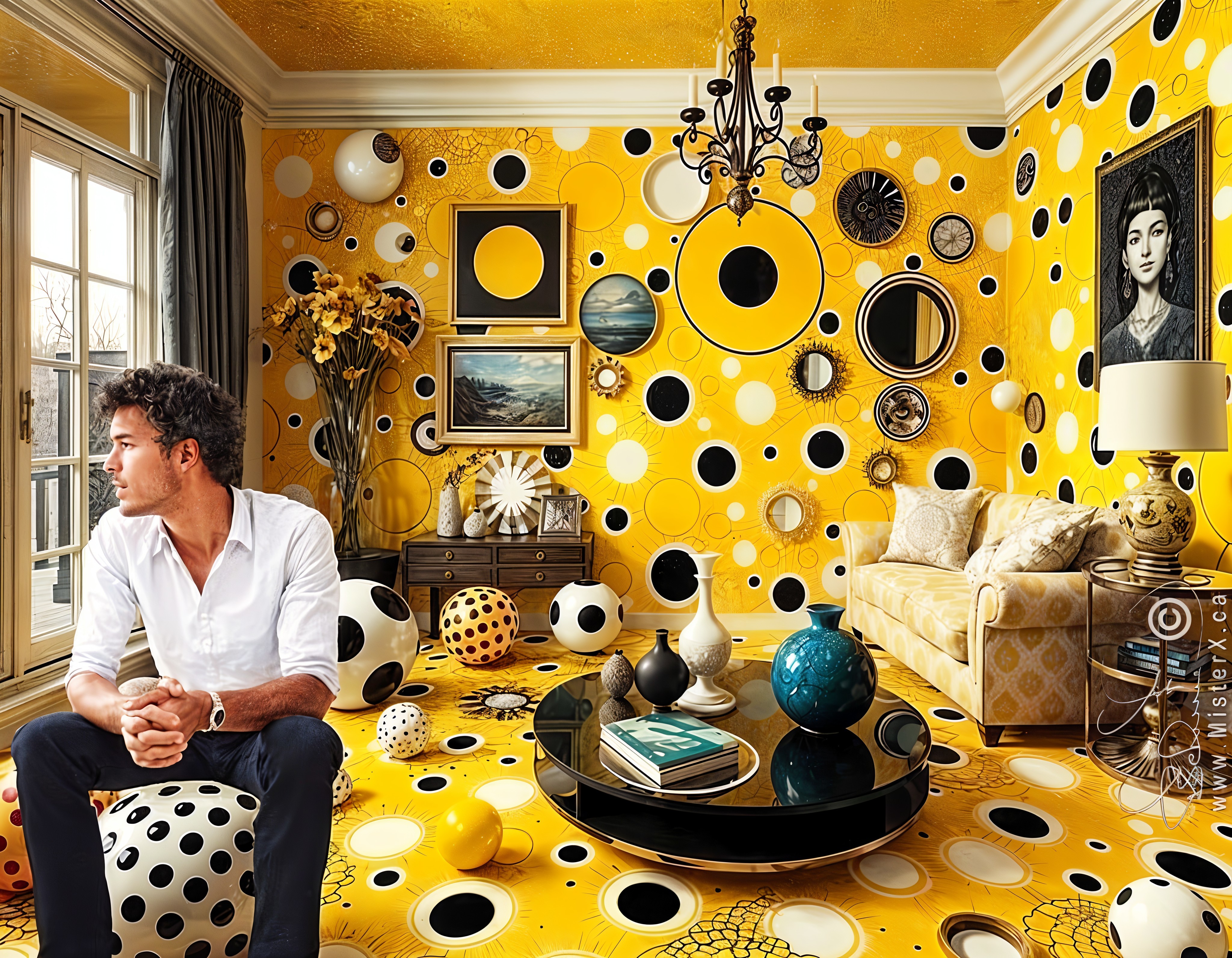 Vibrant Yellow Room with Polka Dots and Eclectic Decor