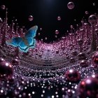 Surreal landscape with bubbles and vibrant butterfly