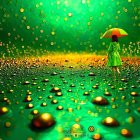 Child in green raincoat in golden landscape with bubbles