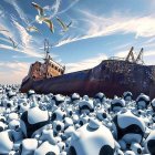 Deserted Ship on Surreal Ocean with Skull Shapes