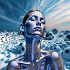 Surreal Landscape with Futuristic Metallic Figure