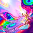 Surreal Scene of Surfer Riding a Colorful Wave