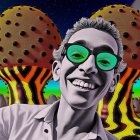 Surreal landscape with vibrant mushrooms and galaxy backdrop