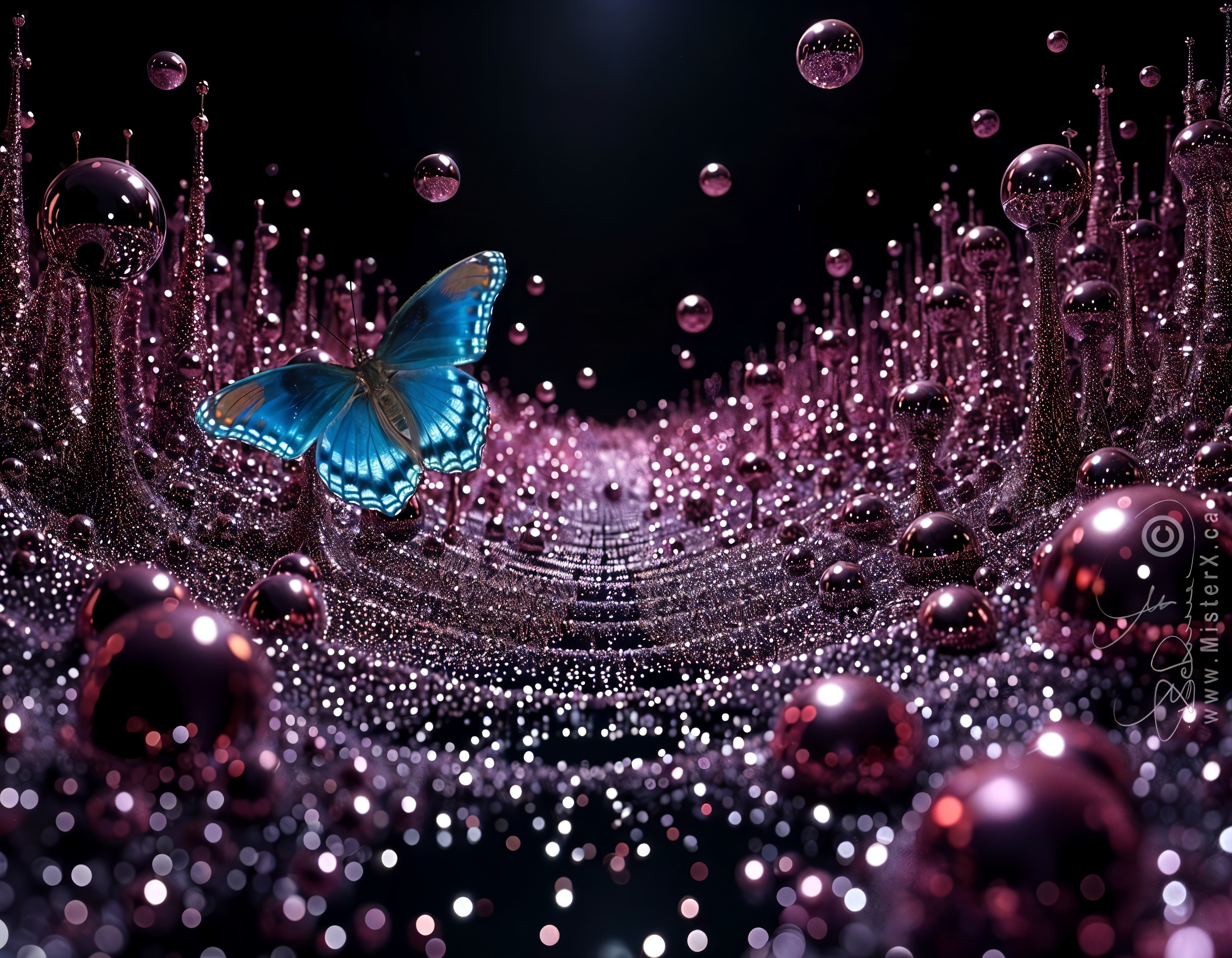 Surreal landscape with bubbles and vibrant butterfly