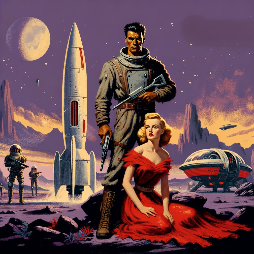 Retro Sci-Fi Scene with Spacesuit and Rocket Ship