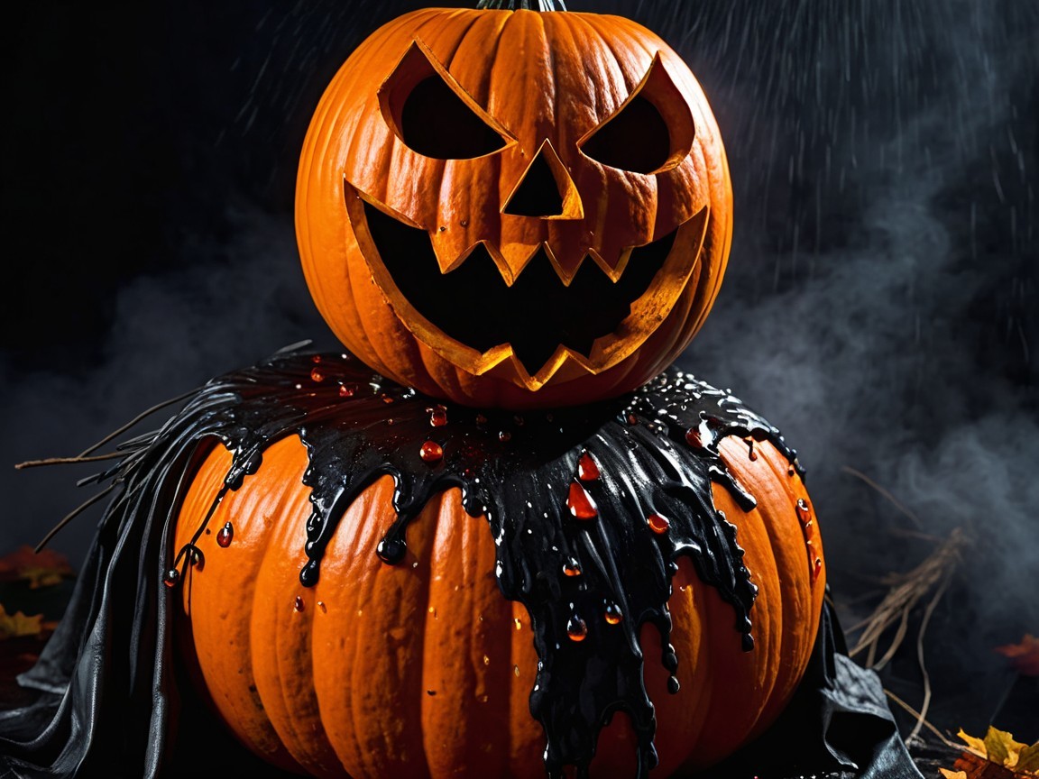 Carved Pumpkins with Eerie Expressions and Dark Foliage