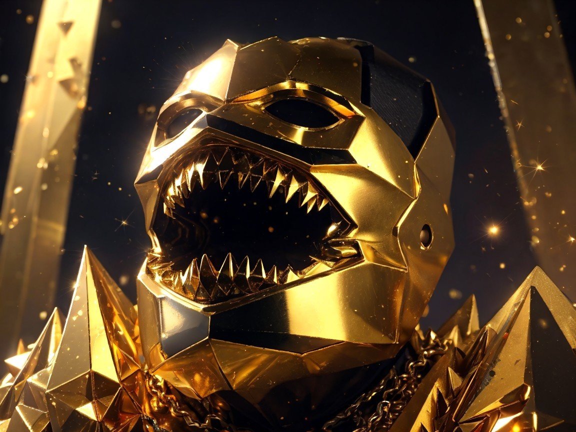 Golden Metallic Helmet with Sharp Protruding Teeth