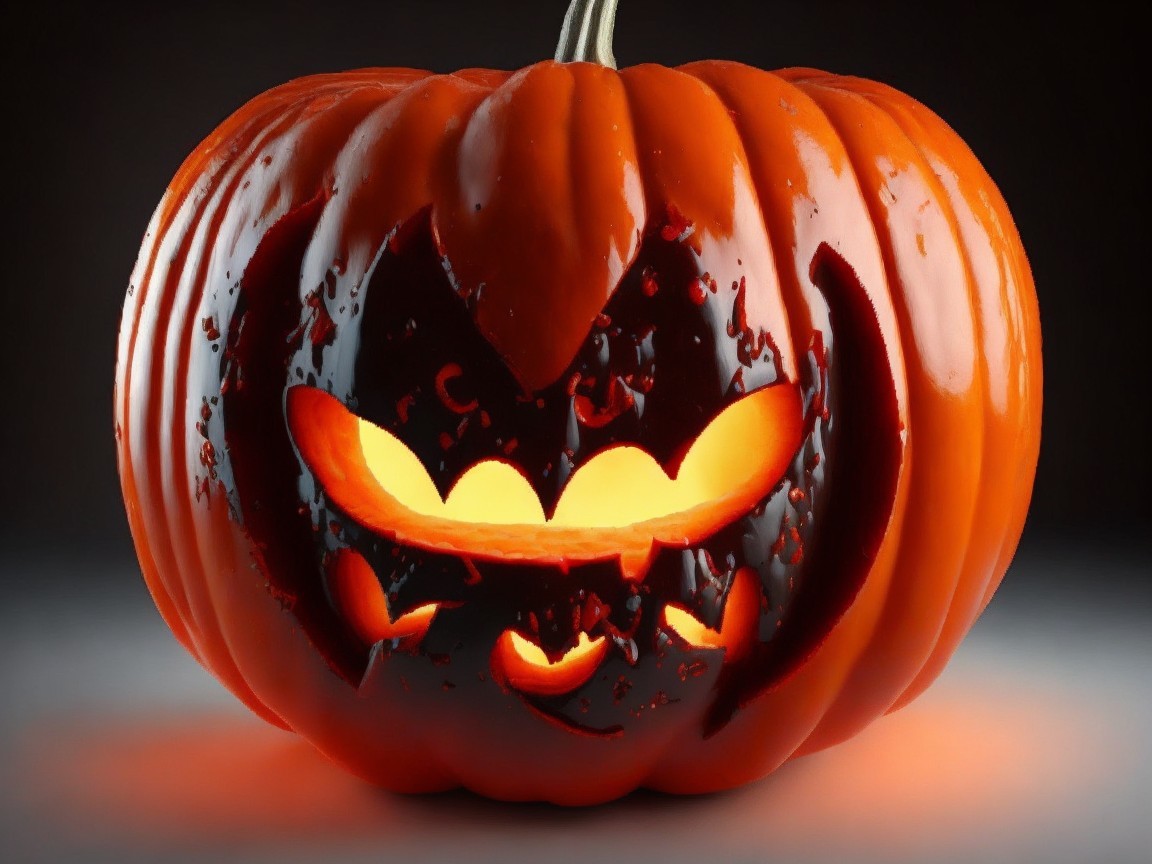 Vividly Carved Halloween Pumpkin with Eerie Glow