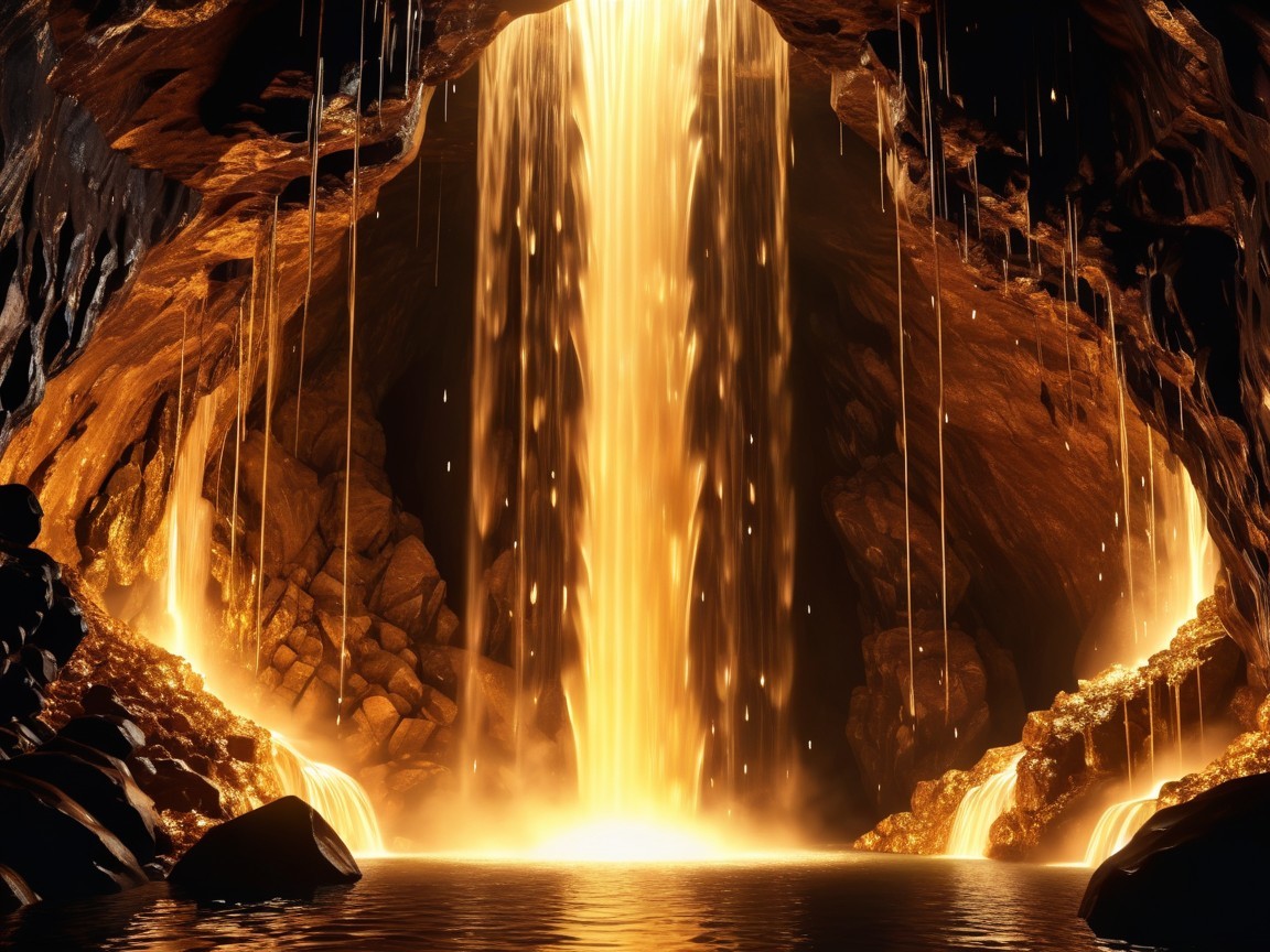 Underground Cave with Waterfall and Golden Rocks