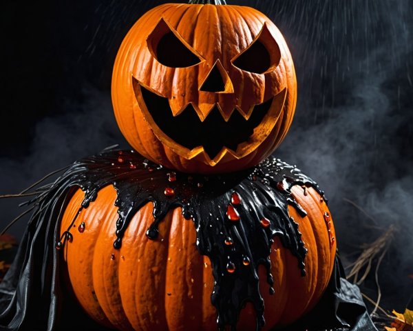 Carved Pumpkins with Eerie Expressions and Dark Foliage