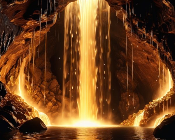Underground Cave with Waterfall and Golden Rocks