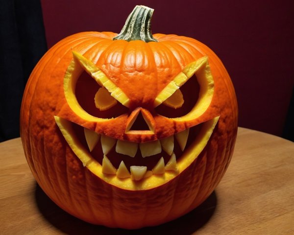 Intricately Carved Halloween Pumpkin on Wooden Table
