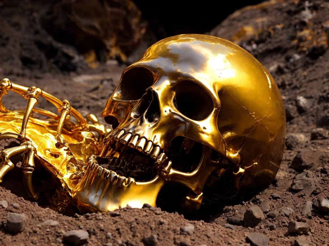 Golden Skull Surrounded by Earthy Textures and Pebbles