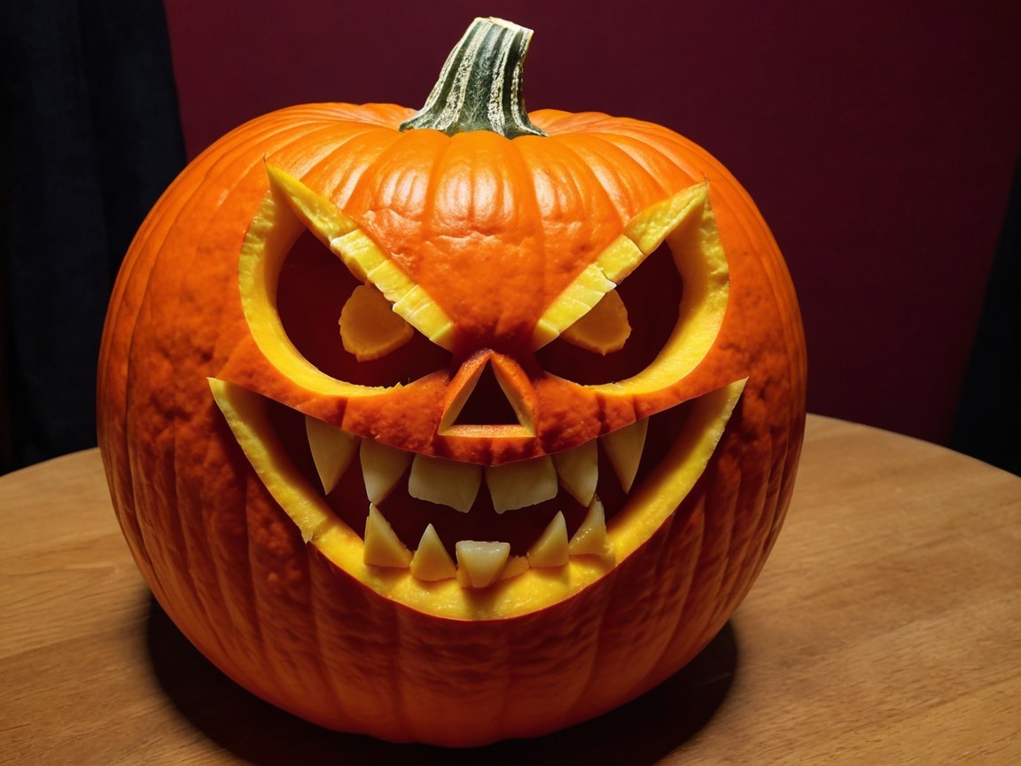 Intricately Carved Halloween Pumpkin on Wooden Table