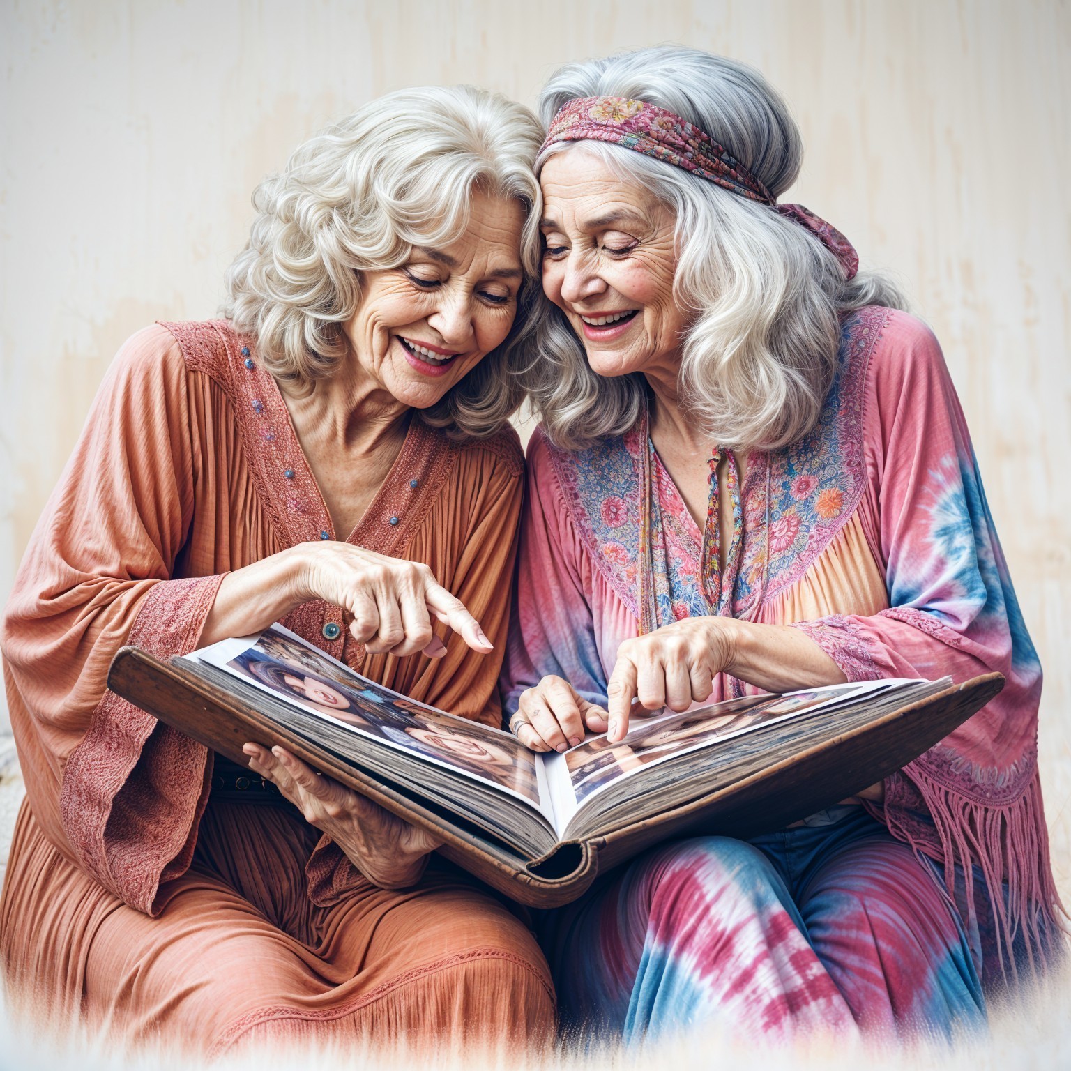 Elderly women joyfully share memories over a photo album