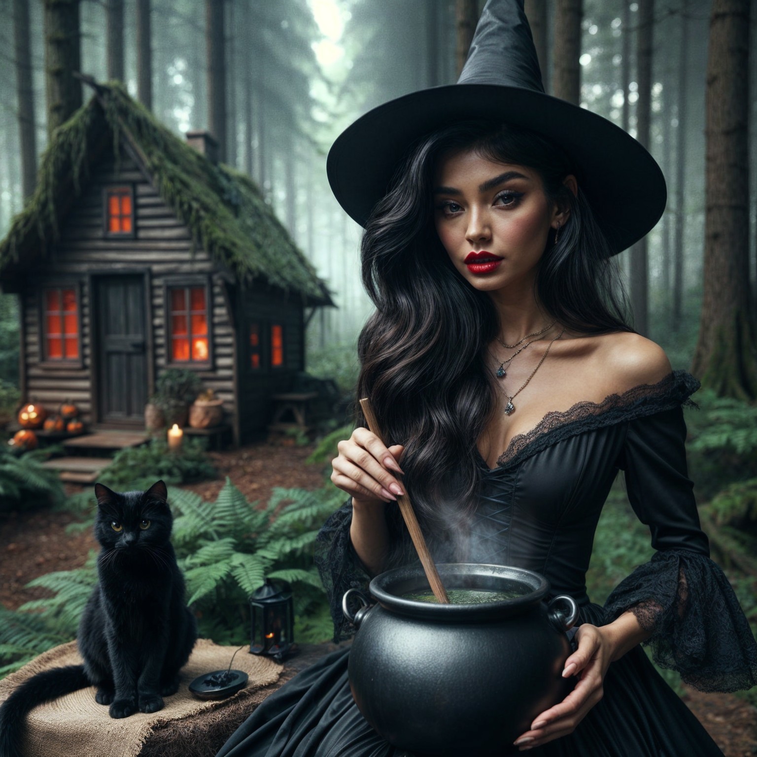 Witch in Black Dress Stirs Cauldron in Forest Glade
