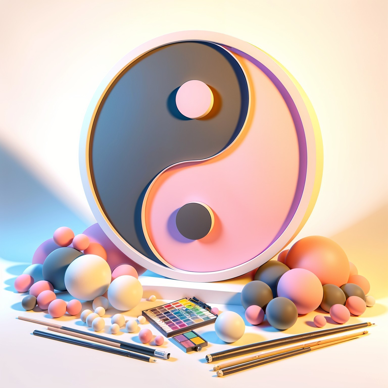 Stylized Yin-Yang Symbol with Pastel Spheres and Art Supplies