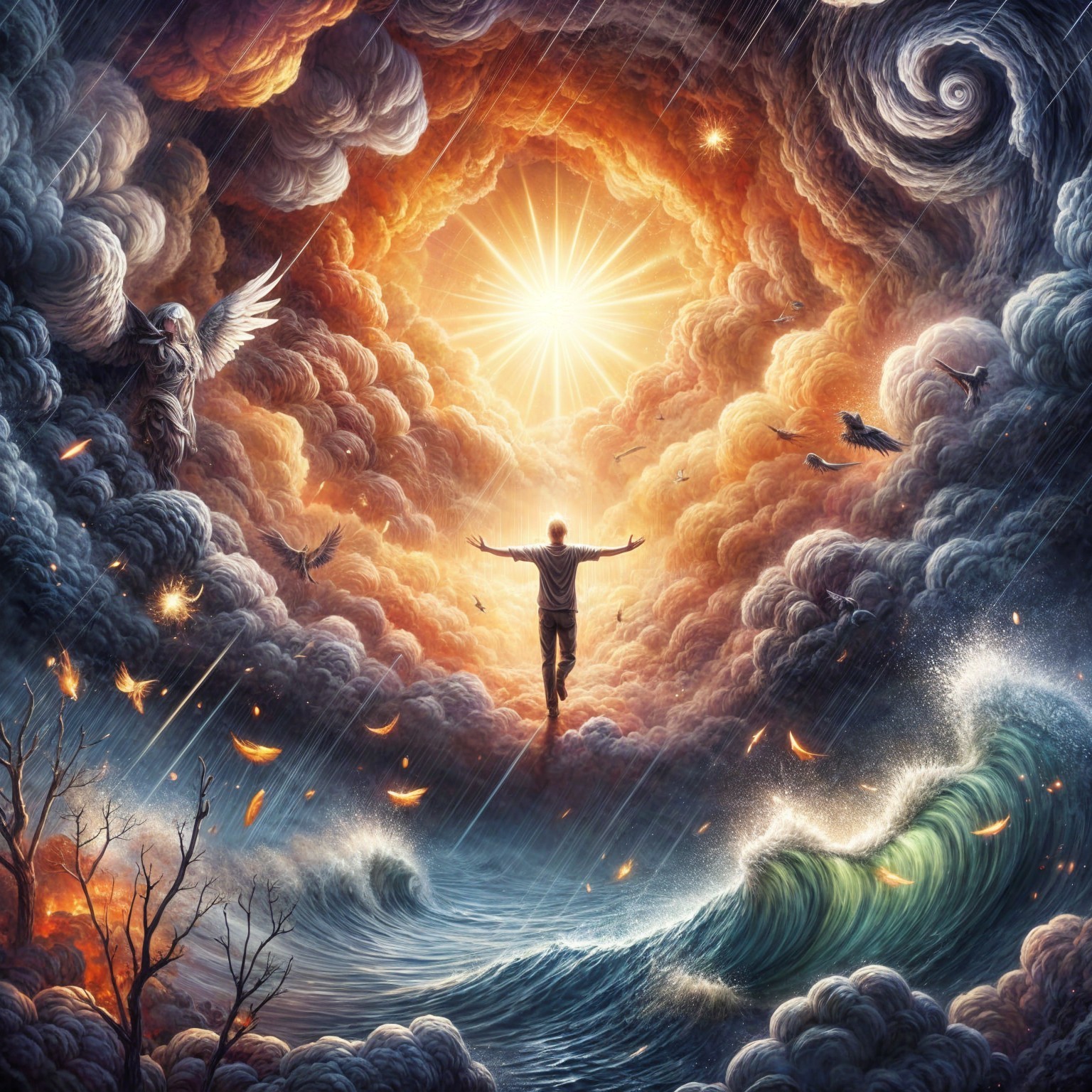 Figure with arms outstretched in stormy landscape