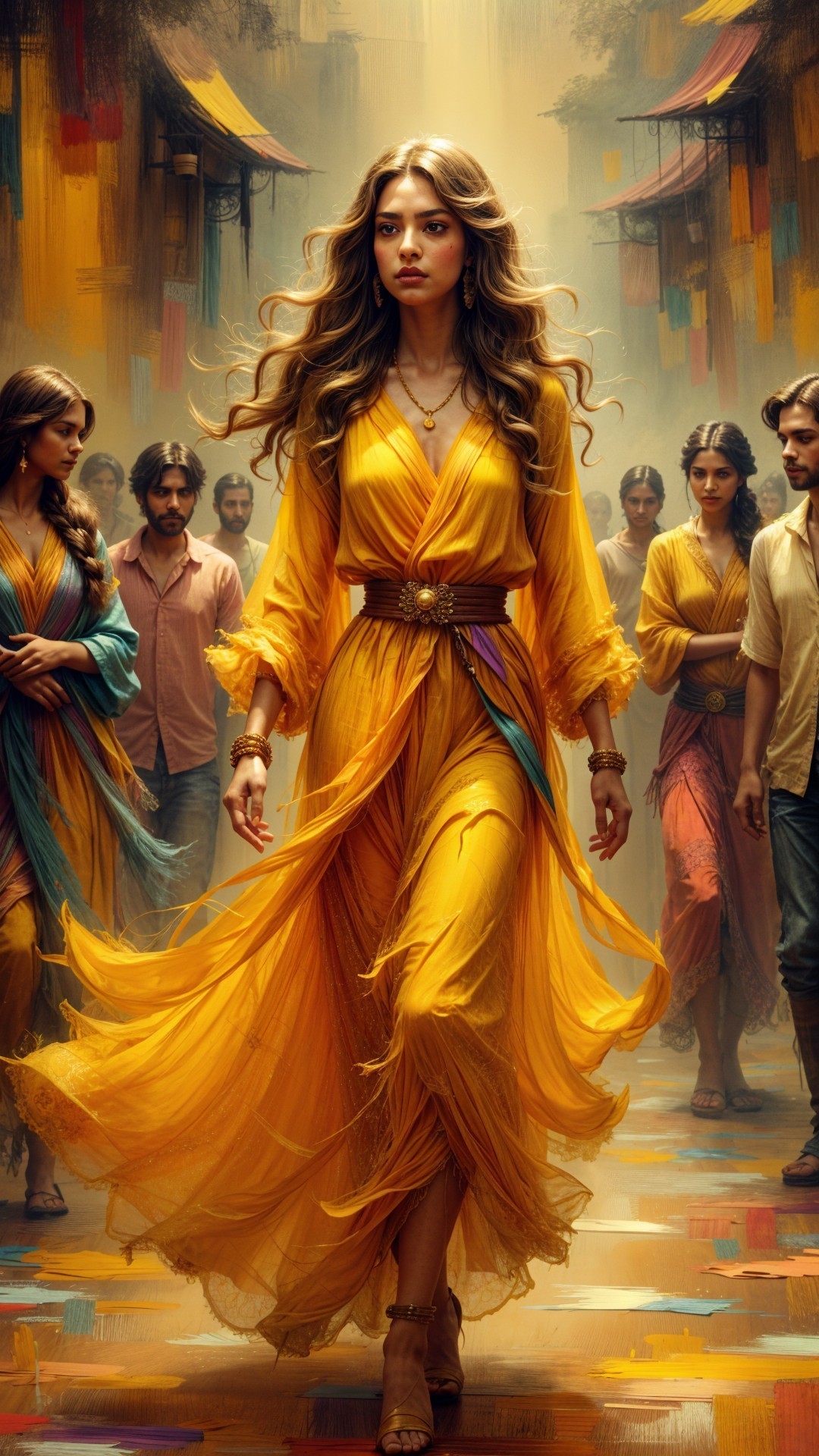 Woman in Yellow Dress Amidst Lively Street Scene