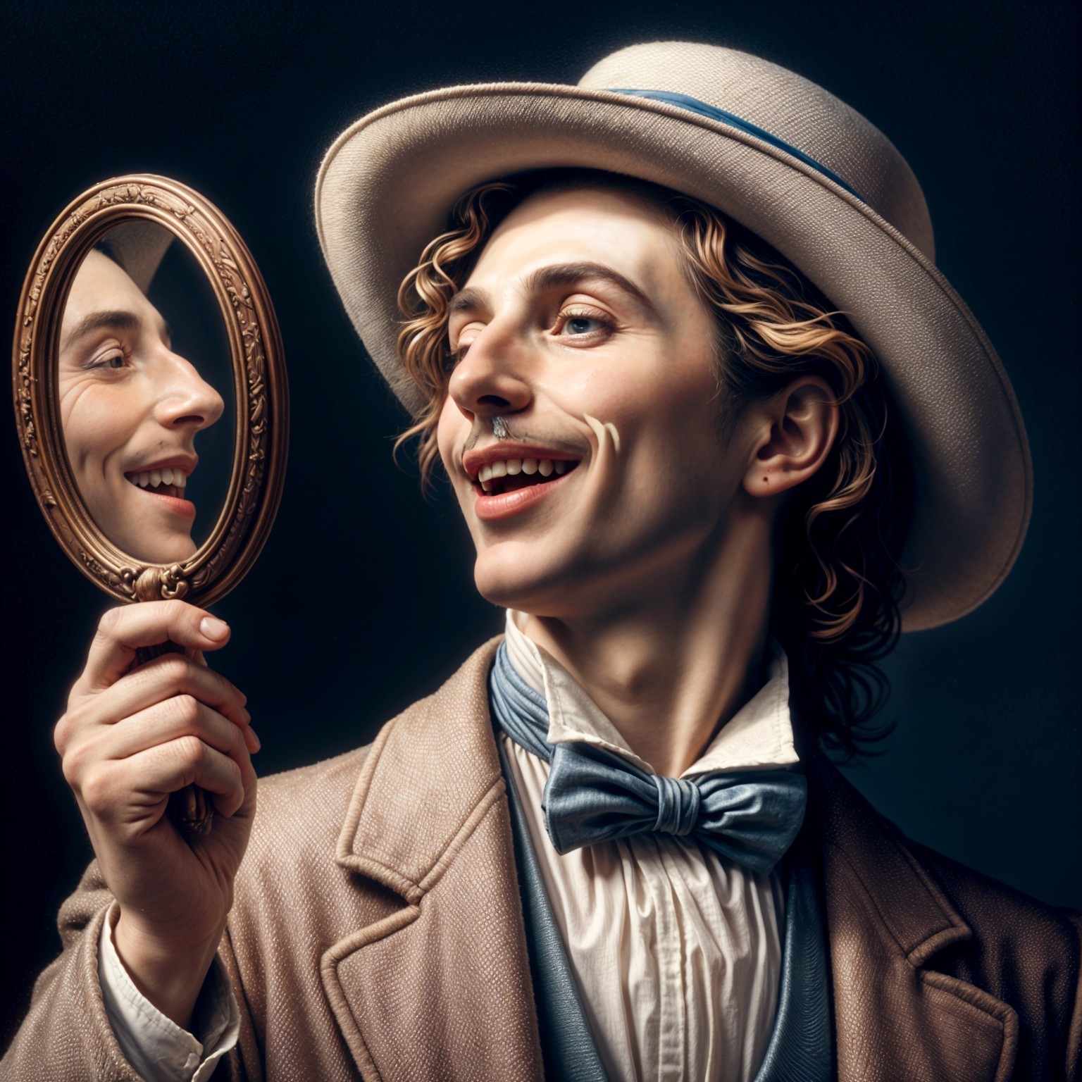 Young man with bow tie and vintage hat in mirror
