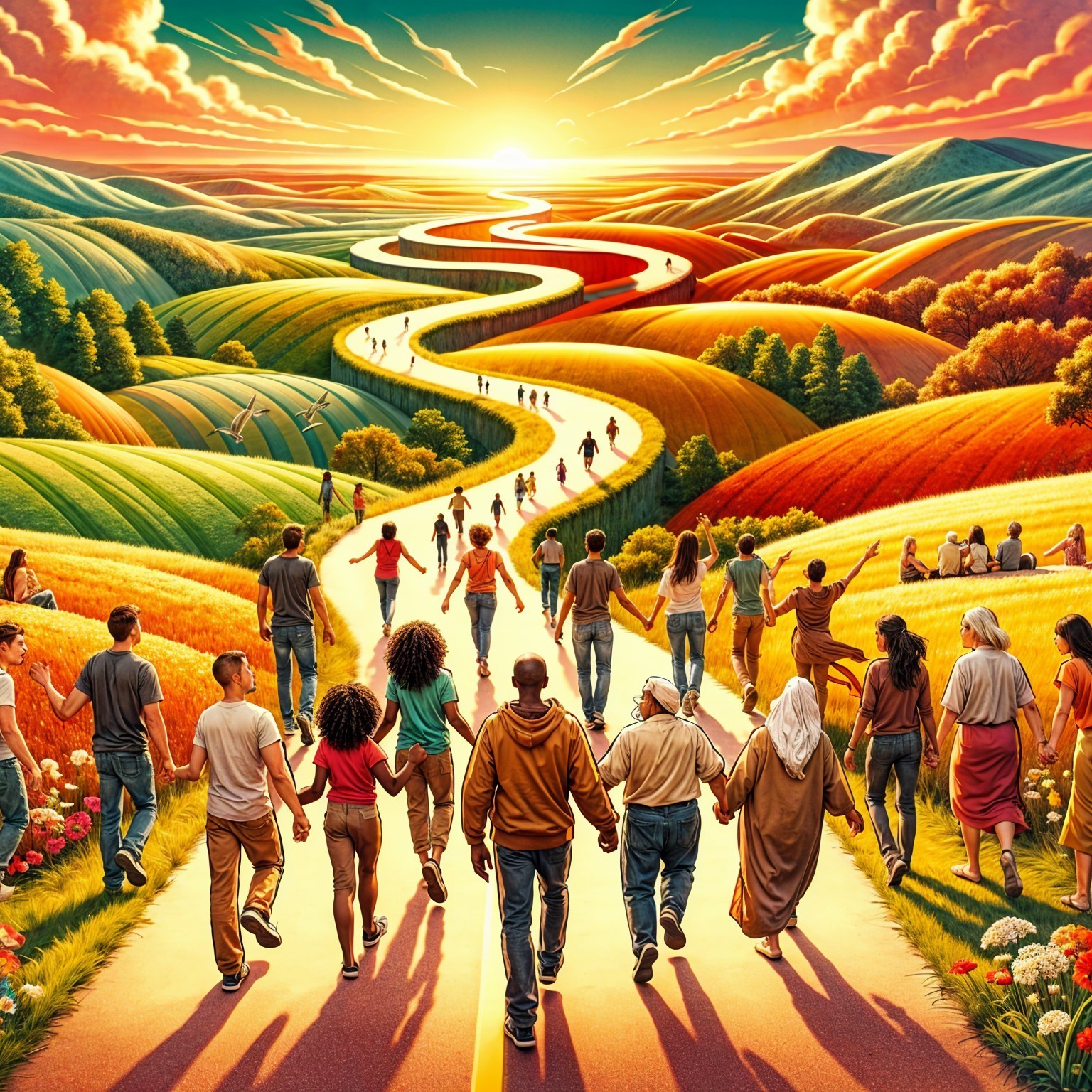Diverse Group Walking Through Vibrant Sunset Fields