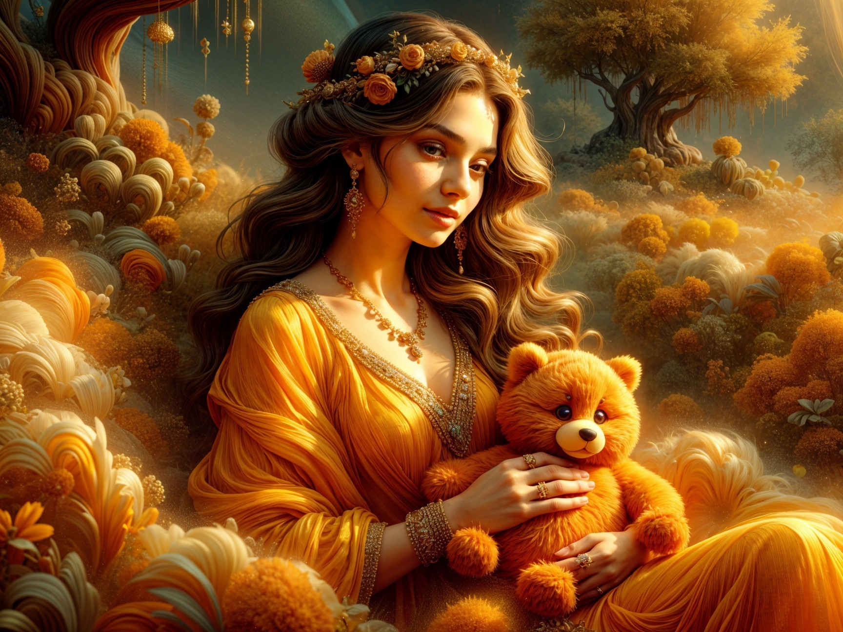 Young woman in golden gown in whimsical orange landscape