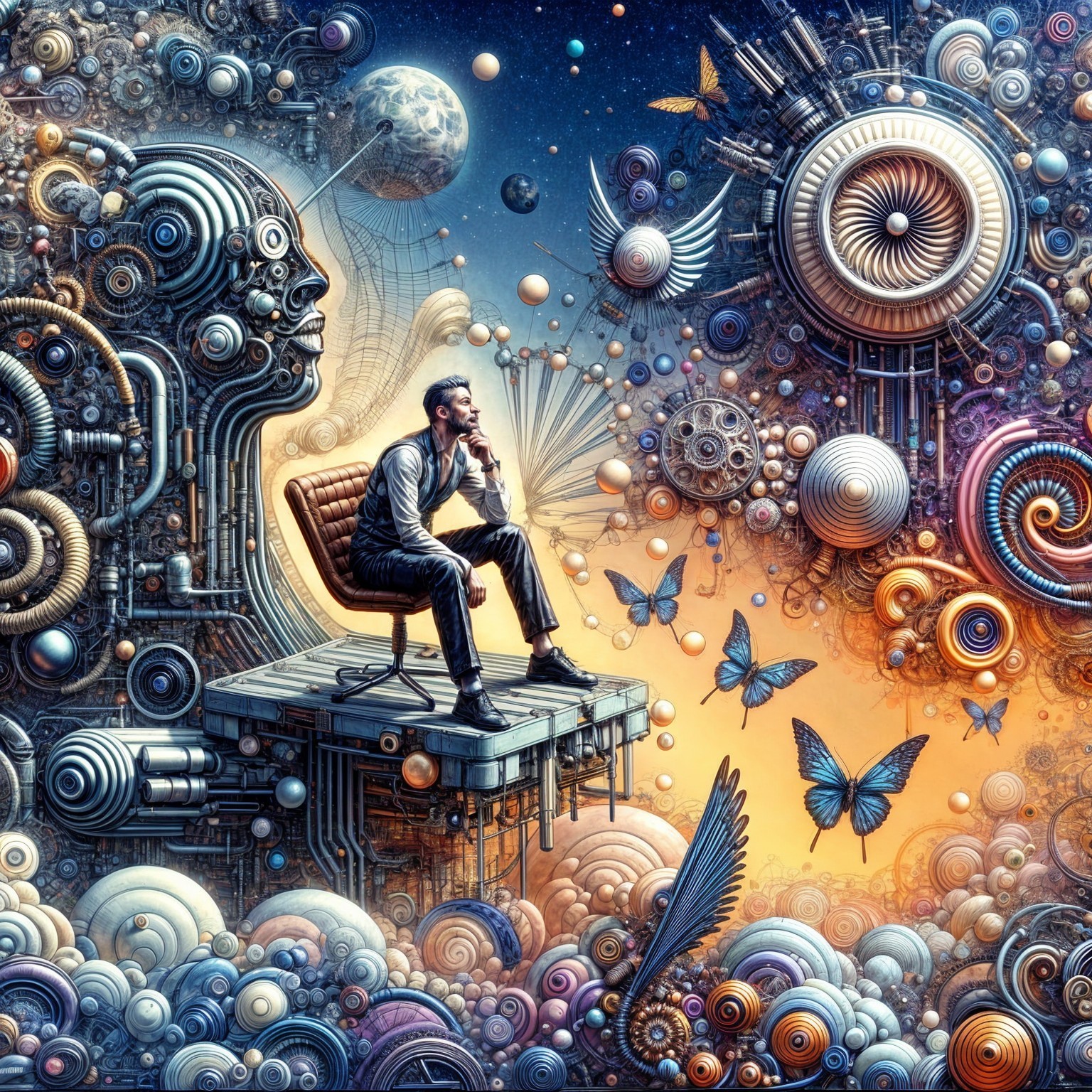 Contemplative Figure in Surreal Abstract Environment