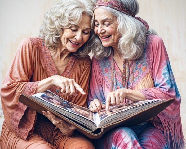 Elderly women joyfully share memories over a photo album