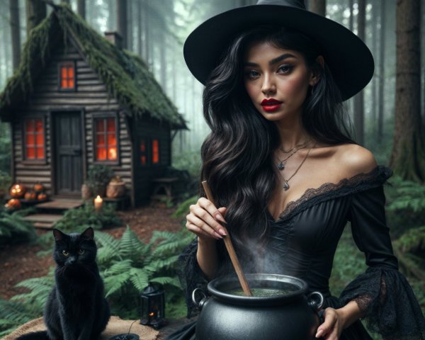 Witch in Black Dress Stirs Cauldron in Forest Glade