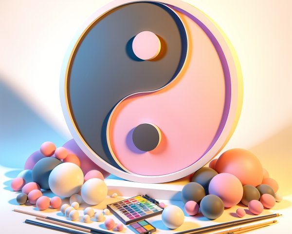 Stylized Yin-Yang Symbol with Pastel Spheres and Art Supplies