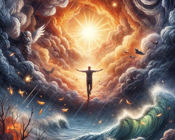 Figure with arms outstretched in stormy landscape
