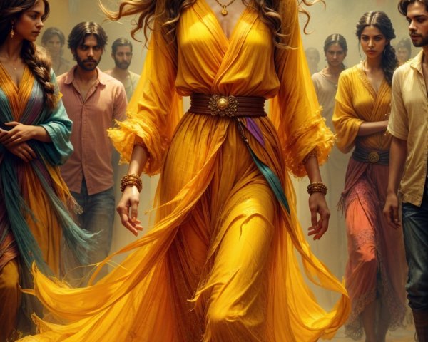 Woman in Yellow Dress Amidst Lively Street Scene