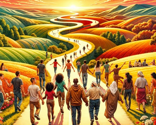 Diverse Group Walking Through Vibrant Sunset Fields